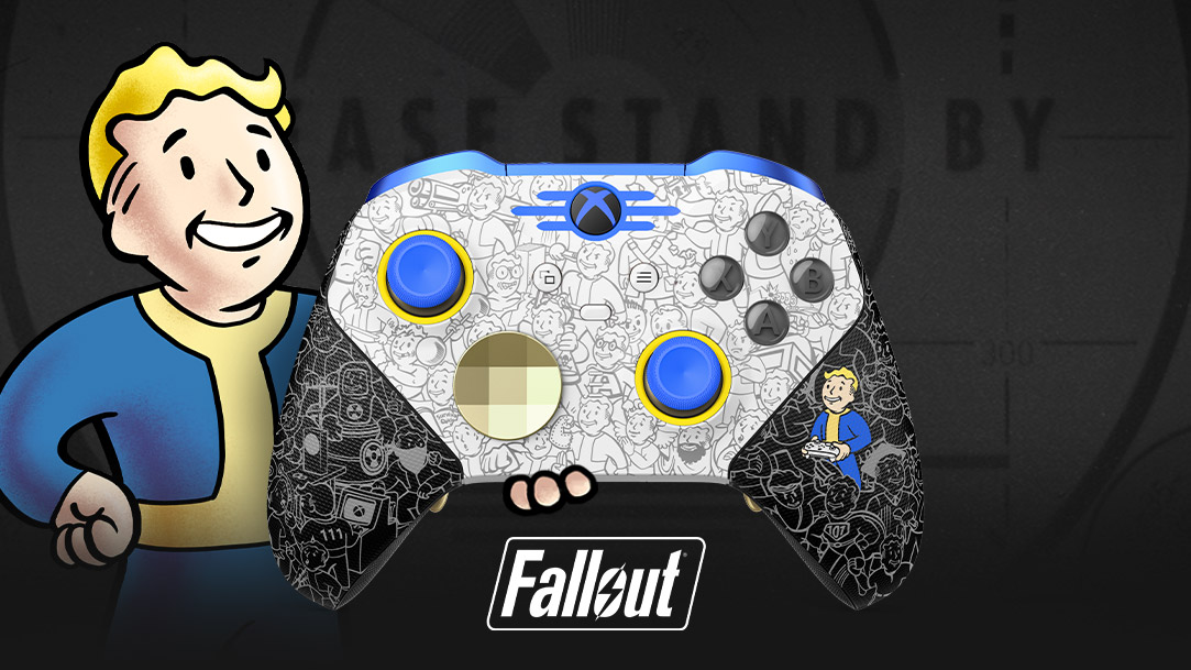 Fallout-logo. Vault Boy houdt een Xbox Elite draadloze controller Series 2 - Fallout vast in zijn handpalm. Een 