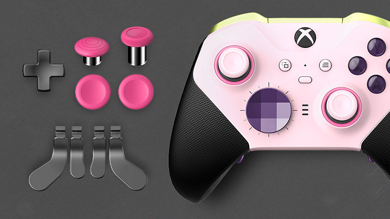 Xbox Elite Wireless Controller Series 2 customised with Xbox Design Lab next to individual customisable components, including thumbsticks, d-pad and back paddles.