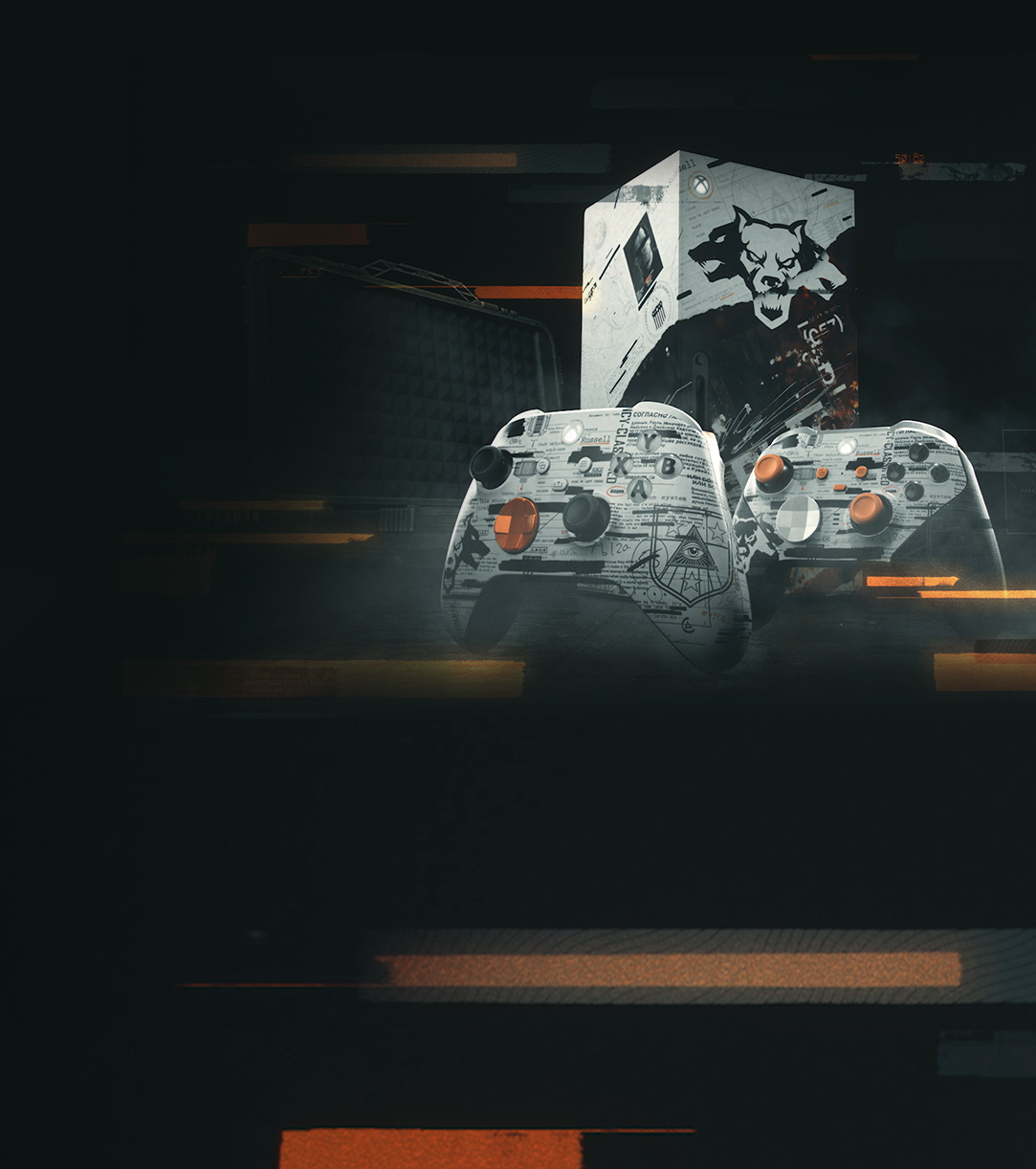 Call of Duty®: Black Ops 6. A solider sits behind a collection of Call of Duty®: Black Ops 6 accessories.