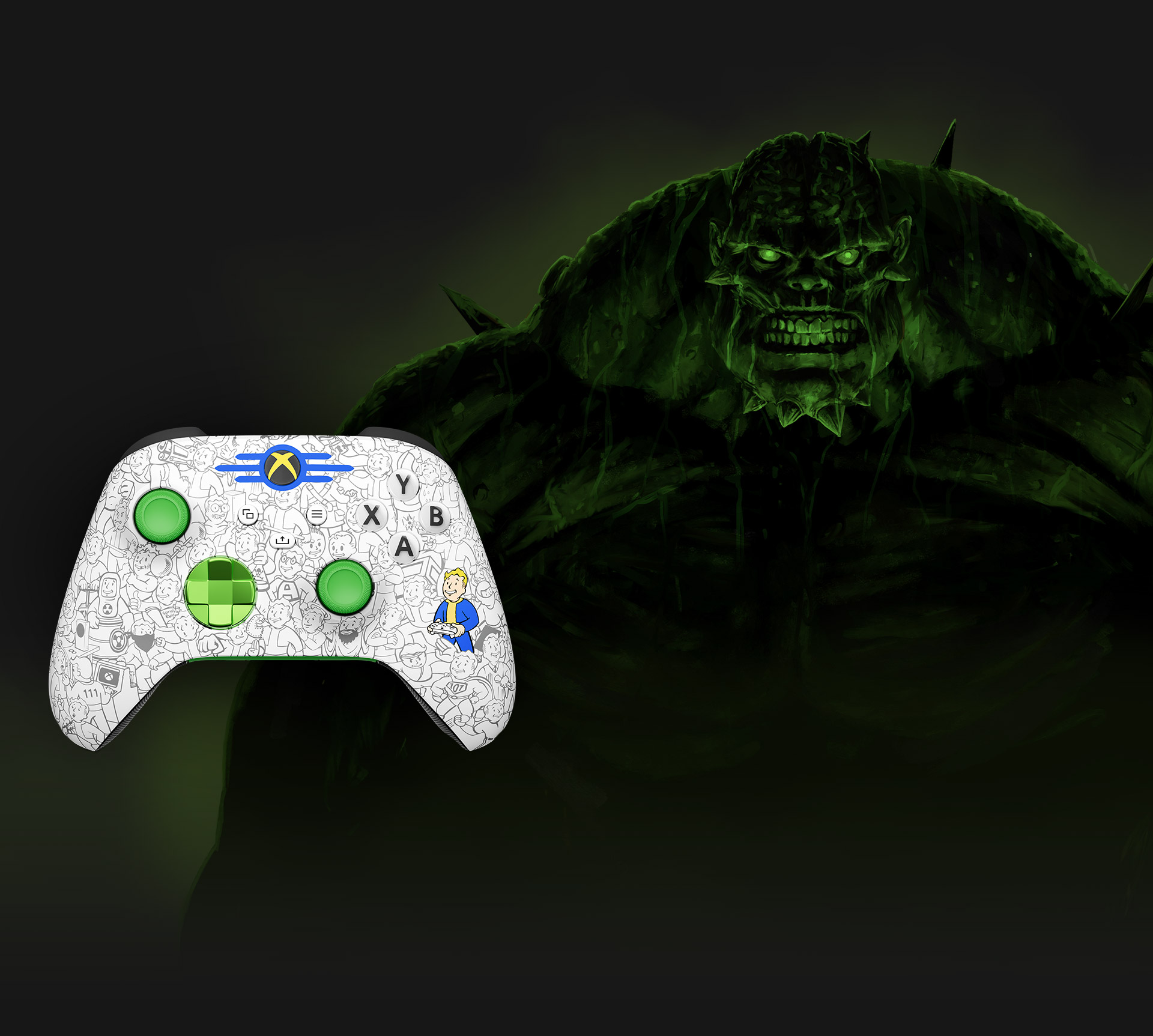 Een enorme supermutant torent boven de Xbox draadloze controller - Fallout-editie uit.
