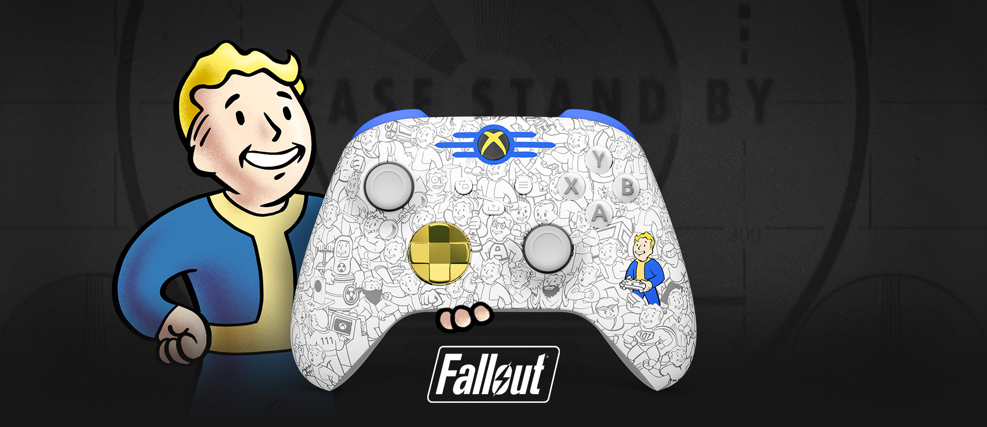 Fallout-logo. Vault Boy houdt een Xbox draadloze controller - Fallout vast in zijn handpalm. Een 