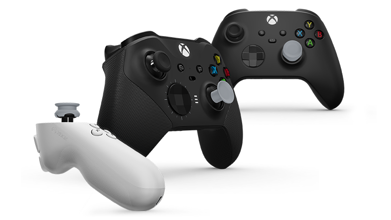 Xbox adaptive thumbstick toppers with Xbox Design Lab featured on select compatible controllers.