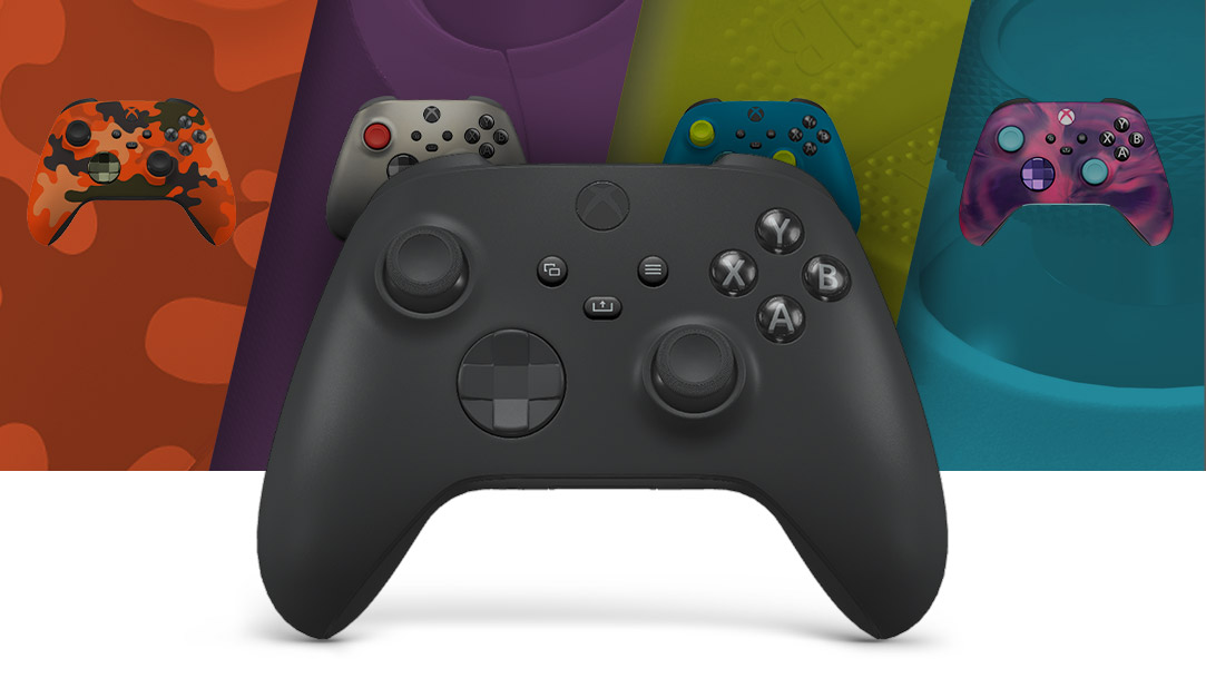 Front view of the Xbox Standard Wireless controller with varying color options of it in the background