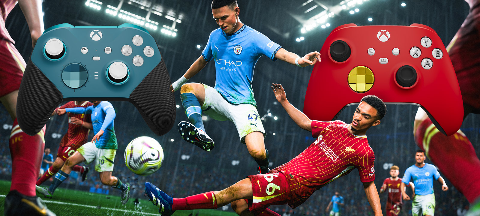 Manchester City versus Liverpool match, next to controllers customized with Xbox Design Lab
