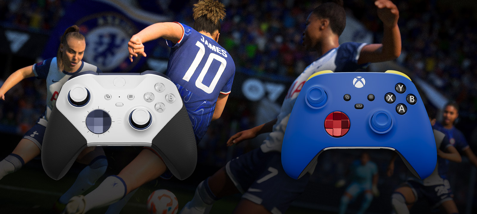 Chelsea FC versus Tottenham Hotspurs FC Women's Super League match, next to controllers customized with Xbox Design Lab