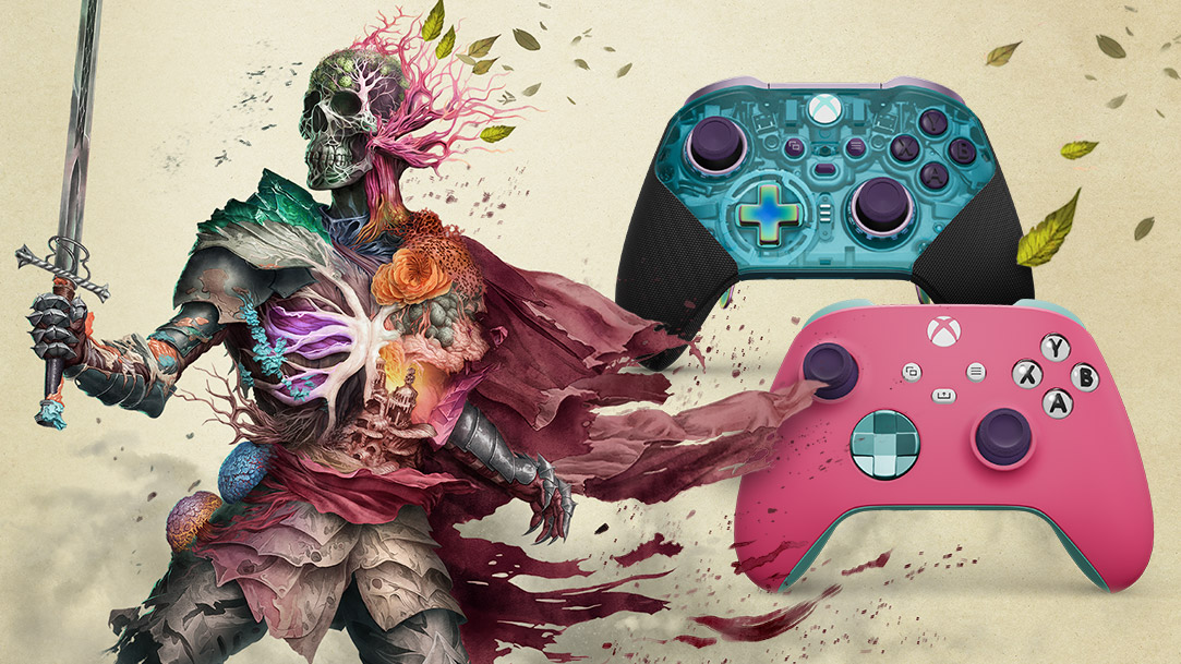 A skeletal warrior’s cape billows in the breeze as their body decays into plant matter, next to controllers customized with Xbox Design Lab