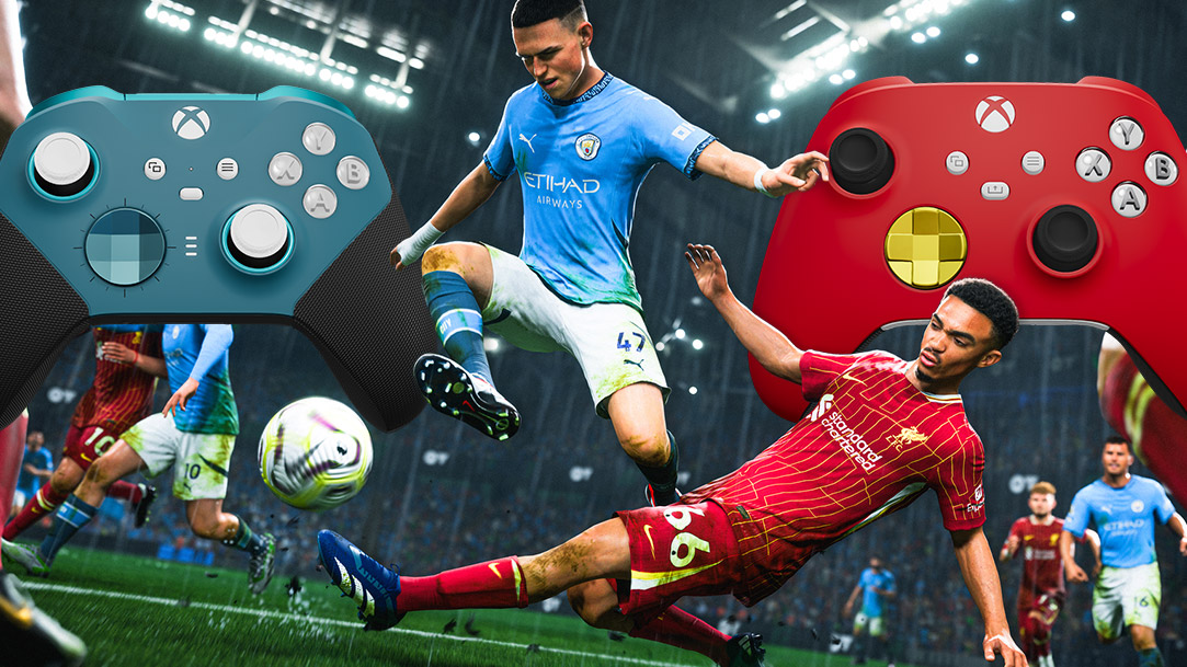 Manchester City versus Liverpool match, next to controllers customized with Xbox Design Lab