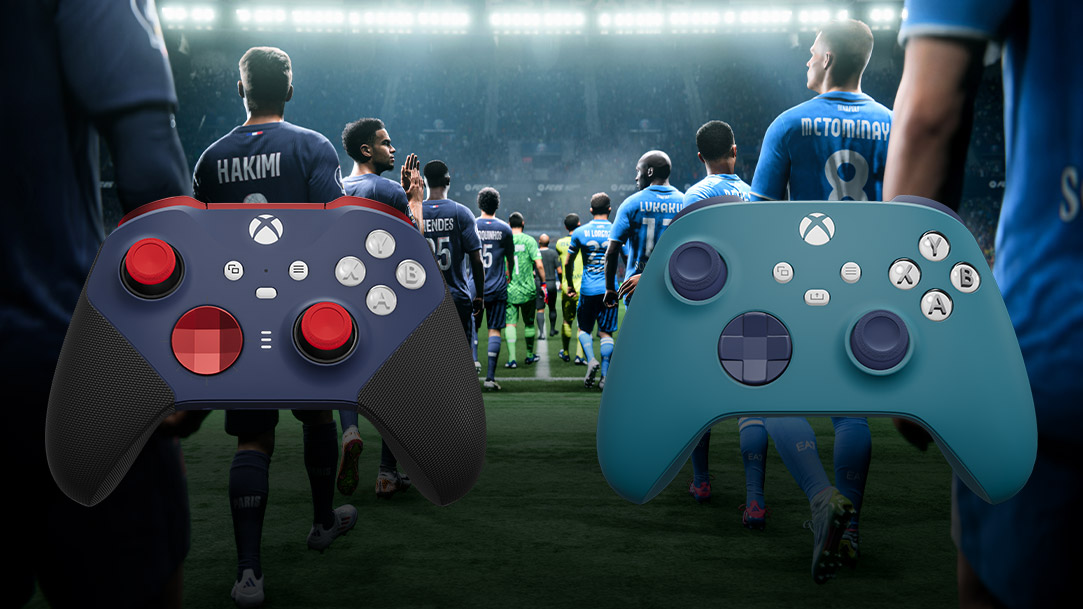 Paris Saint-Germain FC and SSC Napoli players walking onto a stadium pitch before a match, next to controllers customized with Xbox Design Lab