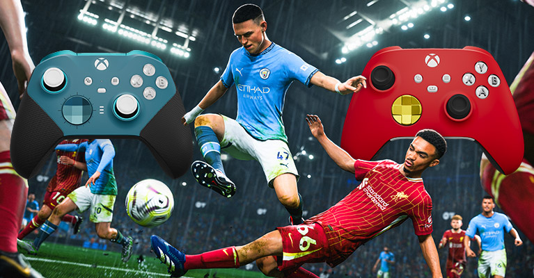 Manchester City versus Liverpool match, next to controllers customized with Xbox Design Lab