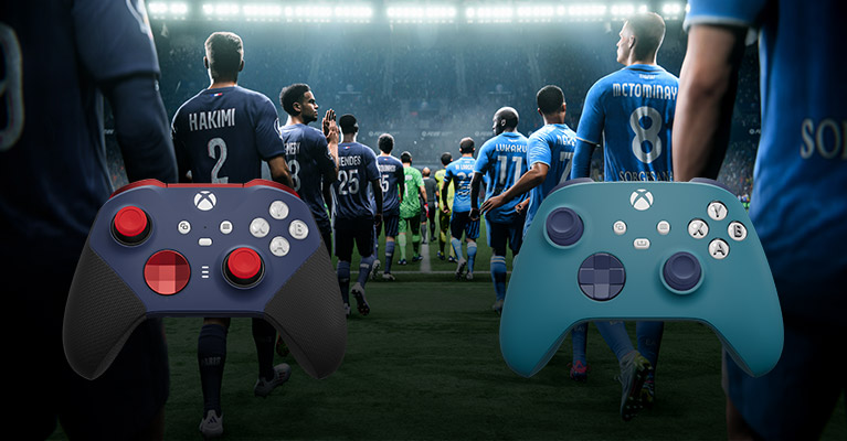 Paris Saint-Germain FC and SSC Napoli players walking onto a stadium pitch before a match, next to controllers customized with Xbox Design Lab