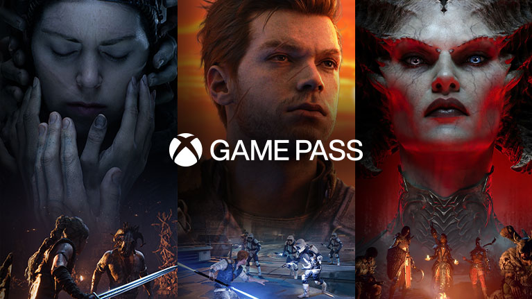 Une sélection des jeux disponibles avec Xbox Game Pass, dont Hellblade II: Senua’s Saga, STAR WARS: Jedi Survivor et Diablo IV.