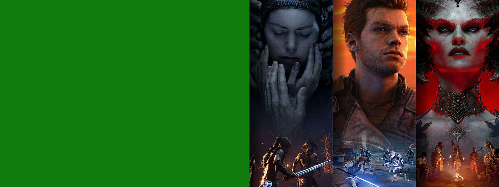 Une sélection des jeux disponibles avec Xbox Game Pass, dont Hellblade II: Senua’s Saga, STAR WARS: Jedi Survivor et Diablo IV.