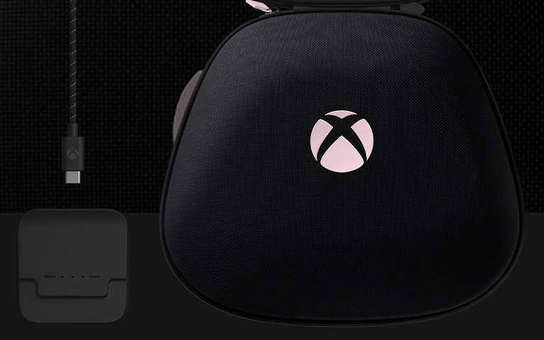 The Xbox Elite Wireless Controller Series 2 carry case and charge stand side-by-side, customized with Xbox Design Lab.