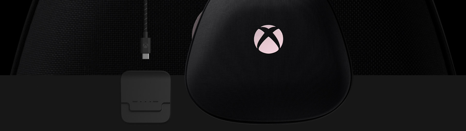 The Xbox Elite Wireless Controller Series 2 carry case and charge stand side-by-side, customized with Xbox Design Lab.