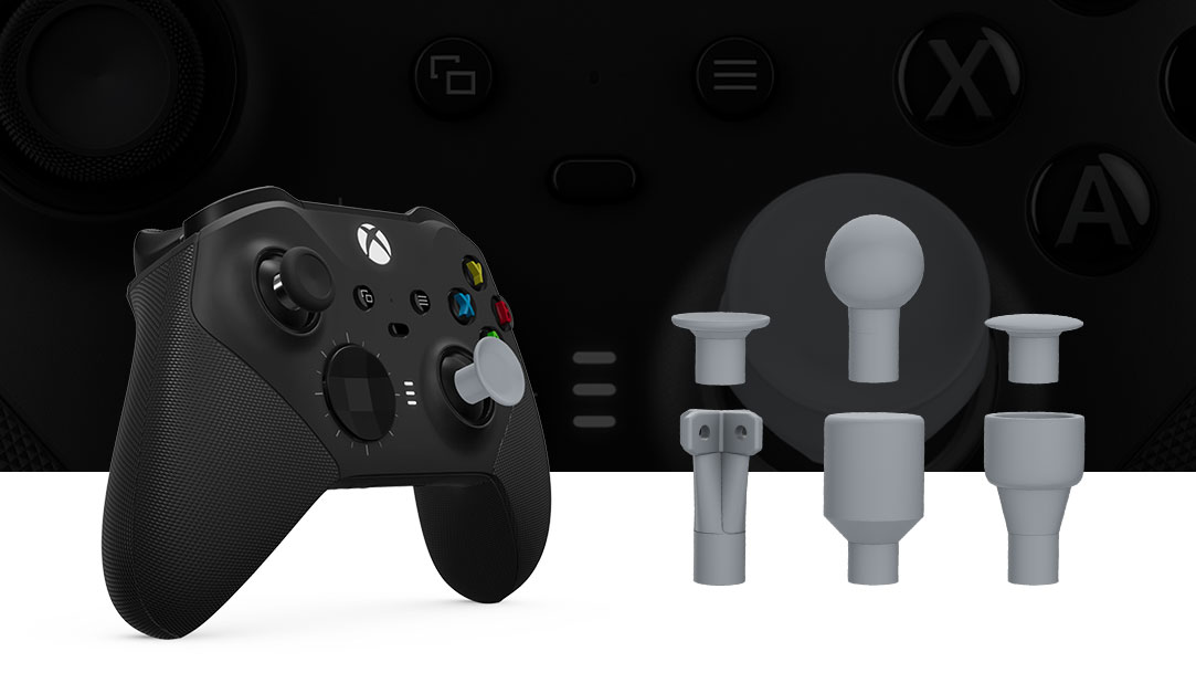 Een Xbox Elite draadloze controller Series 2 staat naast zes aanpasbare adaptieve duimsticktoppervormen.