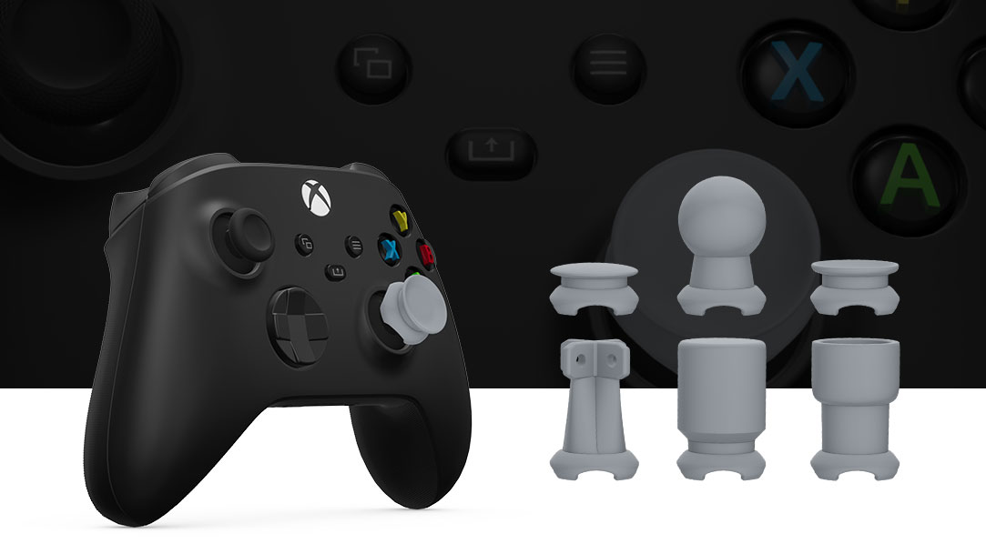 Een Xbox draadloze controller staat naast zes aanpasbare adaptieve duimsticktoppervormen.