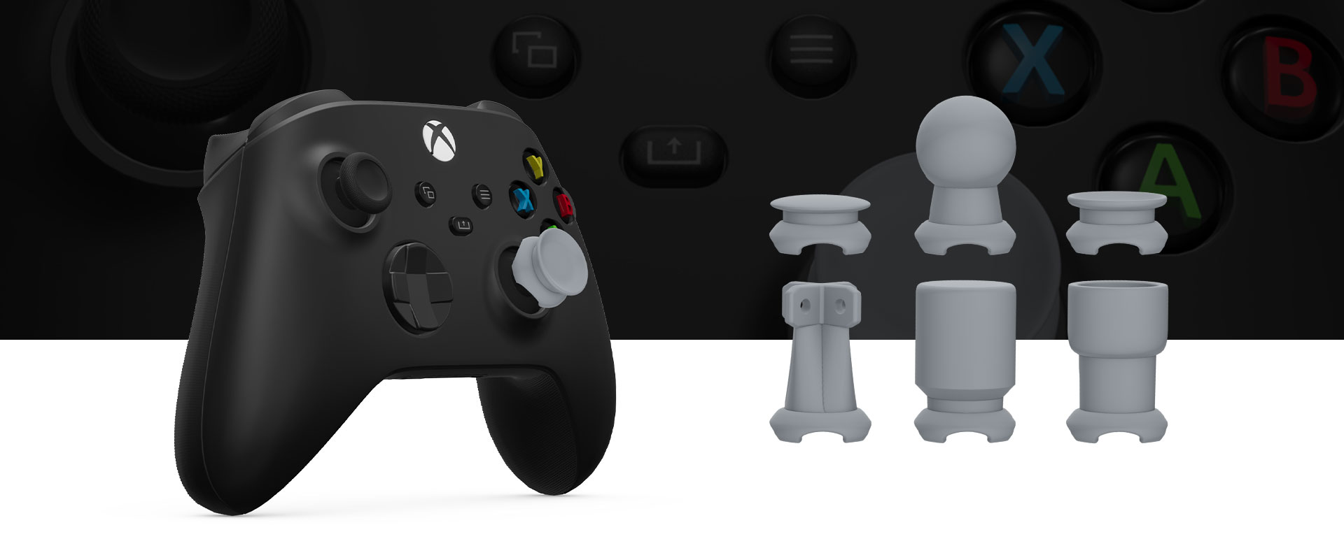 Een Xbox draadloze controller staat naast zes aanpasbare adaptieve duimsticktoppervormen.