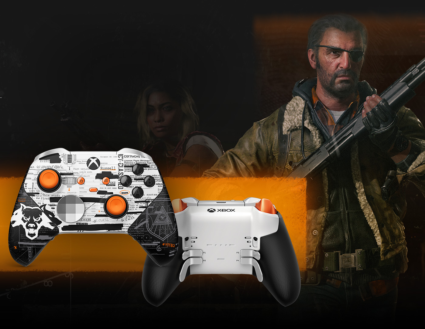 An operative loads a shotgun behind the Xbox Elite Wireless Controller Series 2 – Call of Duty®: Black Ops 6 customized with Xbox Design Lab.