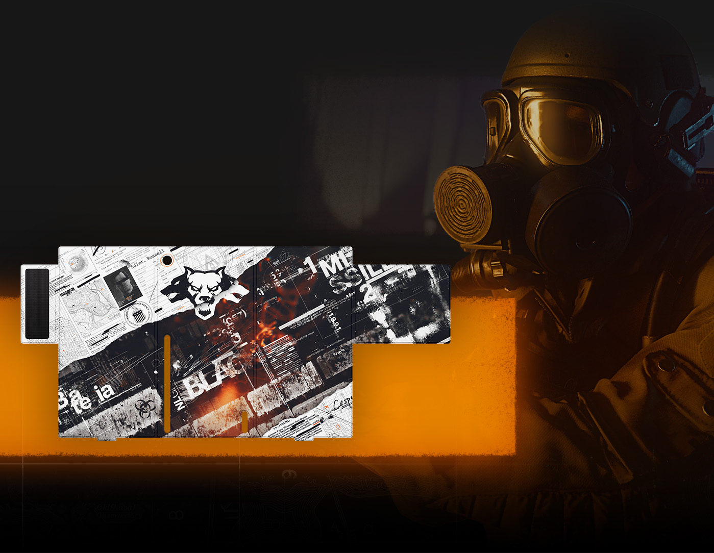 An operative in a gas mask stands behind the Xbox Series X Wrap – Call of Duty®: Black Ops 6.