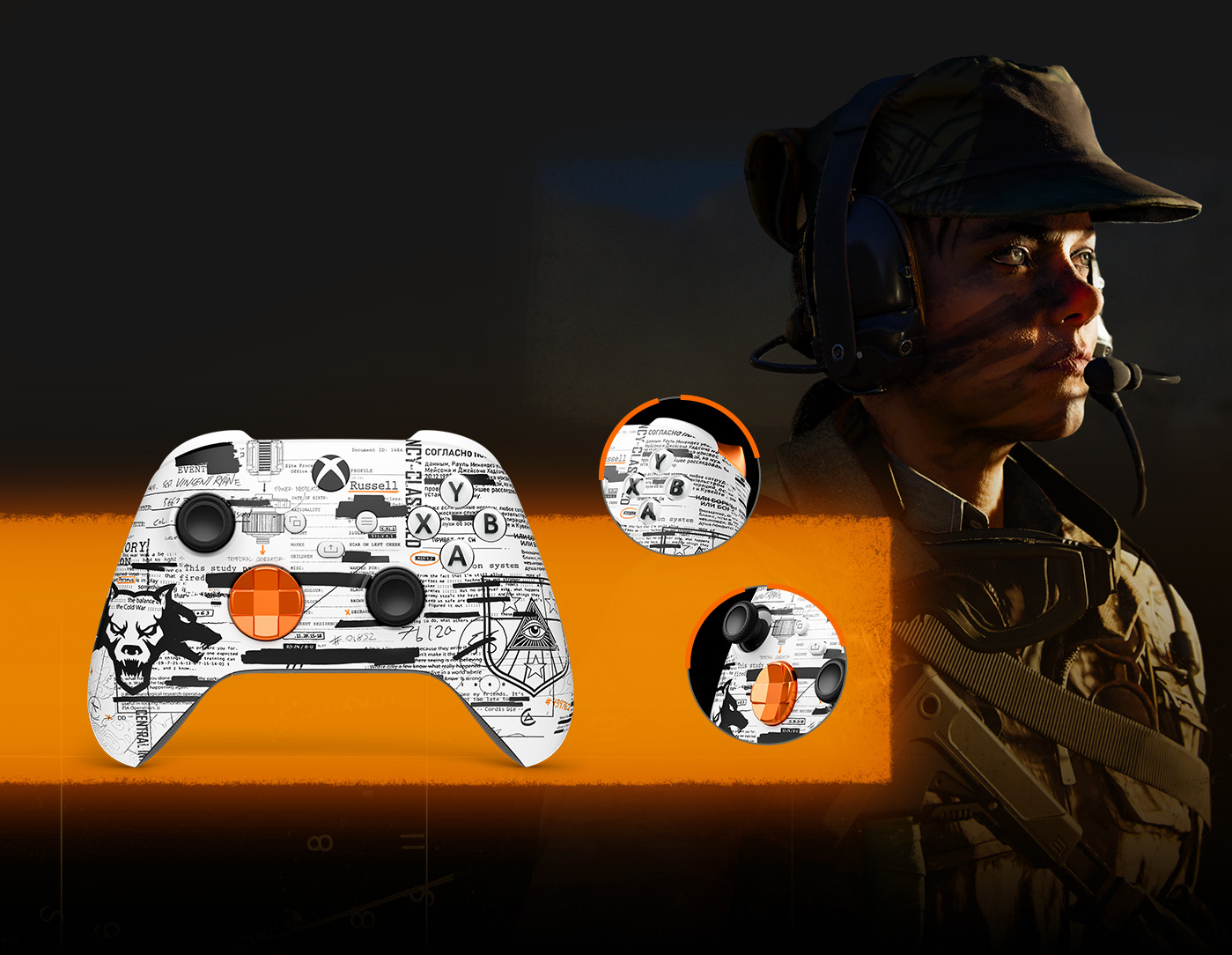 An operative looks into the distance behind the Xbox Wireless Controller - Call of Duty®: Black Ops 6 customized with Xbox Design Lab.