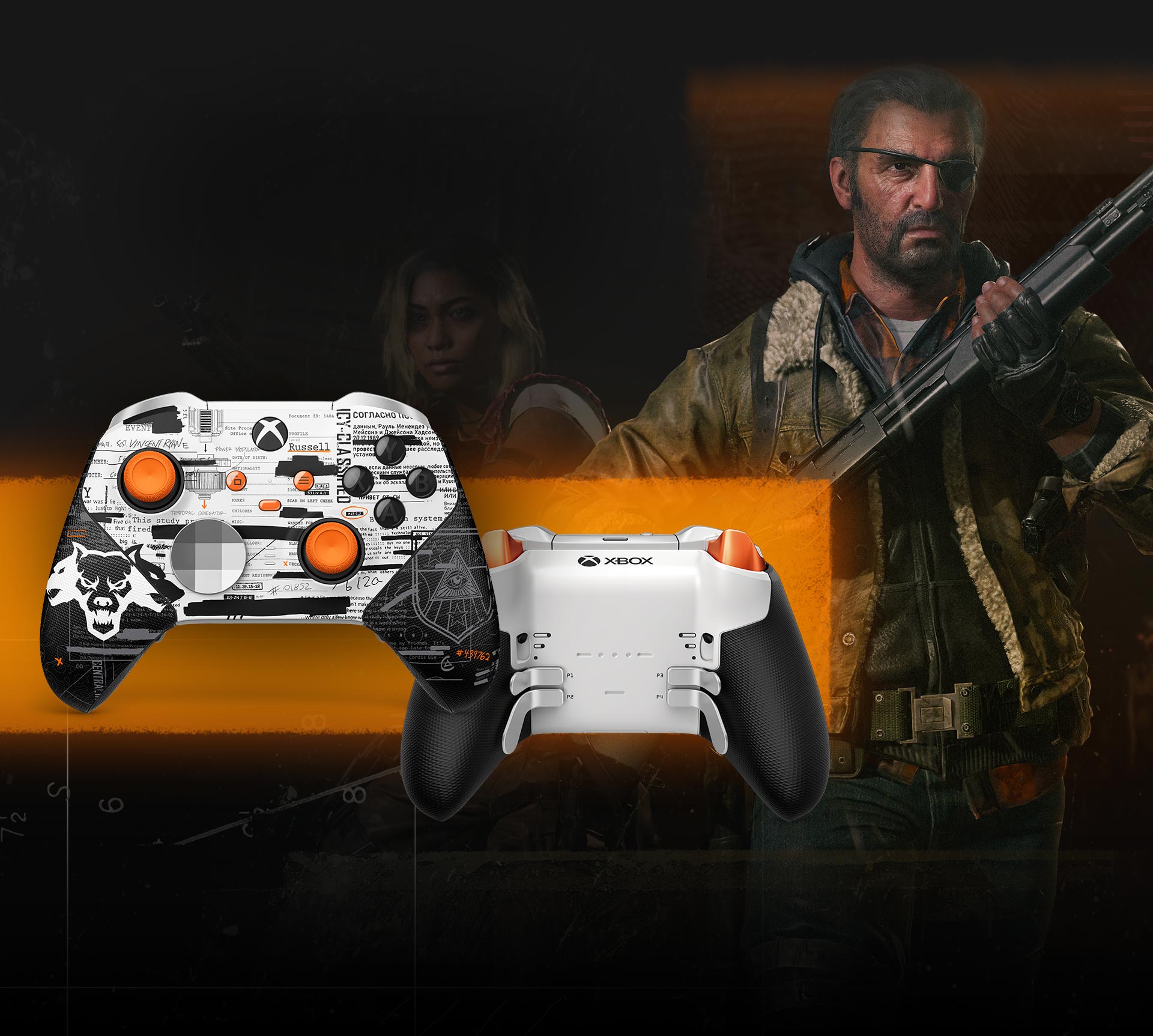 An operative loads a shotgun behind the Xbox Elite Wireless Controller Series 2 – Call of Duty®: Black Ops 6 customized with Xbox Design Lab.