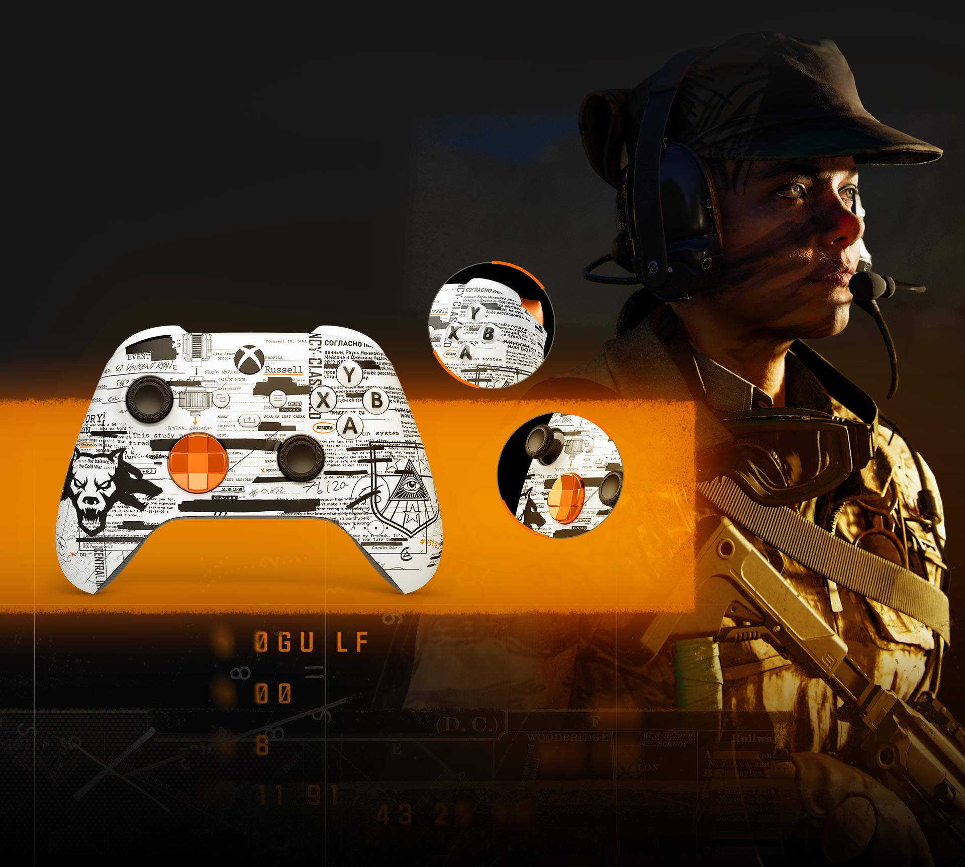 An operative looks into the distance behind the Xbox Wireless Controller - Call of Duty®: Black Ops 6 customized with Xbox Design Lab.