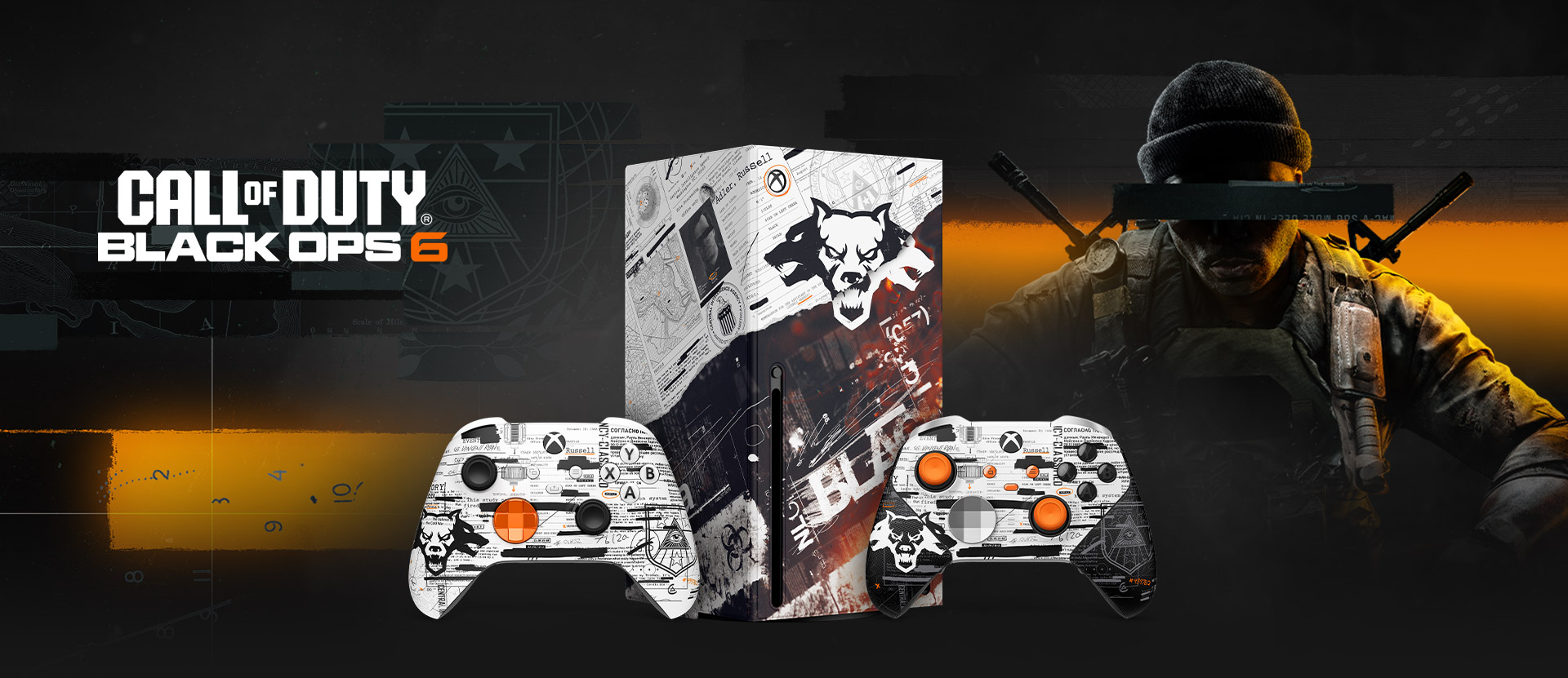 Call of Duty®: Black Ops 6 logo. A soldier with a redacted stripe across their face sits behind a collection of Call of Duty®: Black Ops 6 accessories.