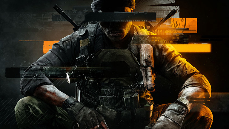 Call of Duty®: Black Ops 6. An operative with a redacted stripe across their face sits with two pistols on each knee.