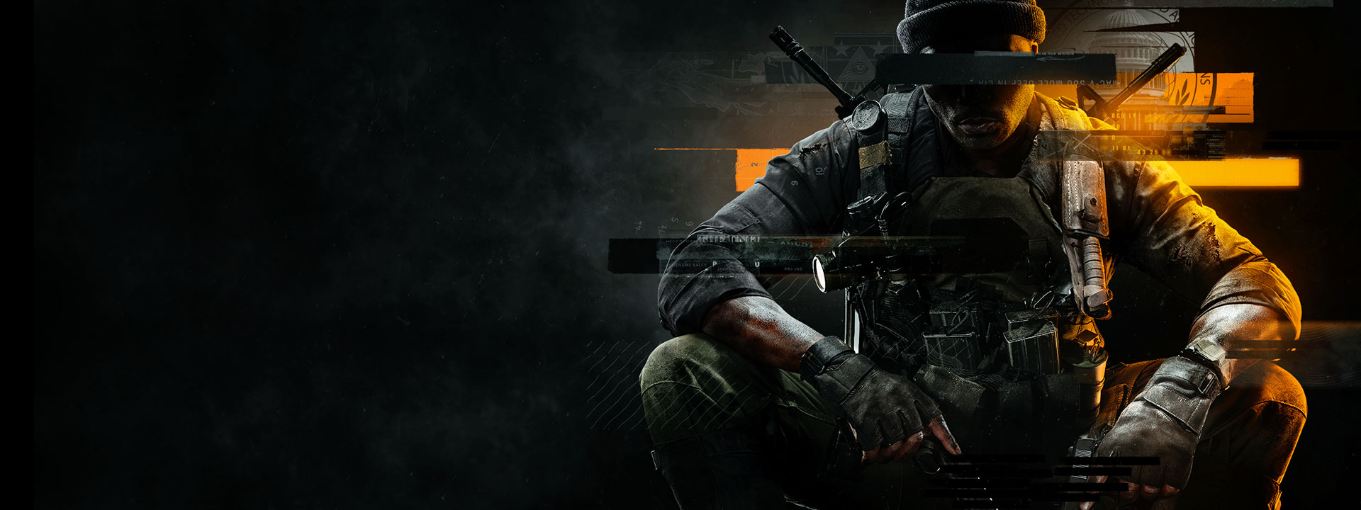 Call of Duty®: Black Ops 6. An operative with a redacted stripe across their face sits with two pistols on each knee.