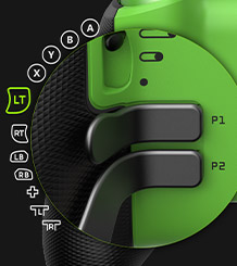 Miniature d’une vue de l’arrière de la manette sans fil Xbox Elite Series 2, personnalisée avec Xbox Design Lab, offrant la possibilité de remapper les palettes arrière en utilisant l'application Accessoires Xbox.