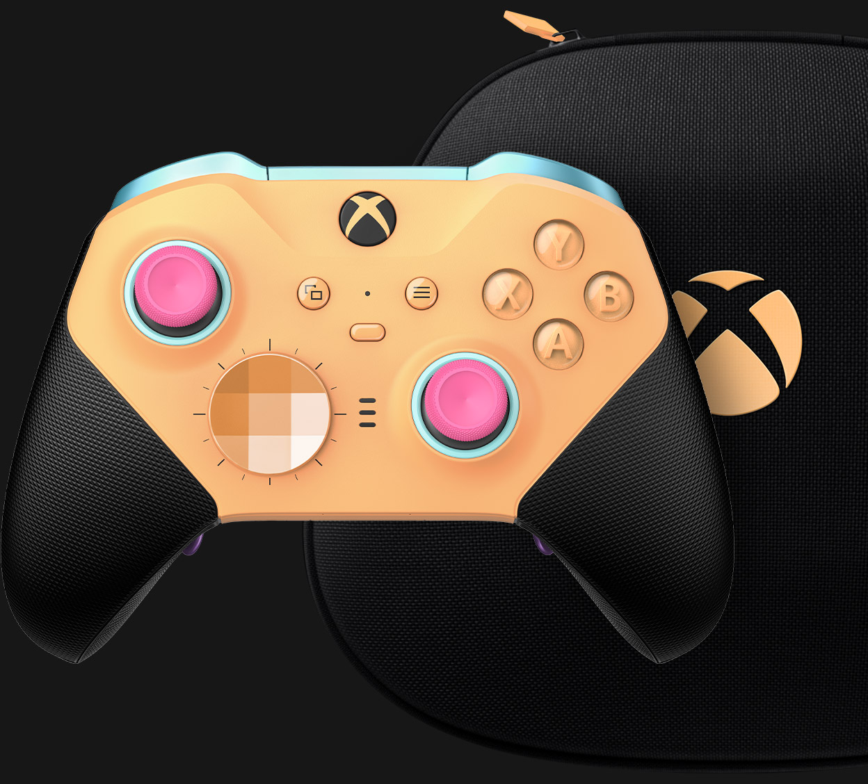 Vue avant d’une manette sans fil Xbox Elite Series 2 personnalisée avec Xbox Design Lab à l’avant d’un étui de transport personnalisé.