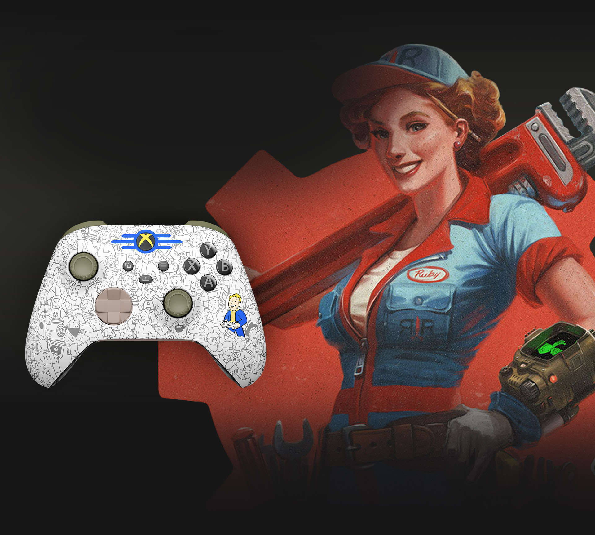 Een monteur met een moersleutel over haar schouder draagt een Pip-Boy naast de Xbox draadloze controller - Fallout-editie.