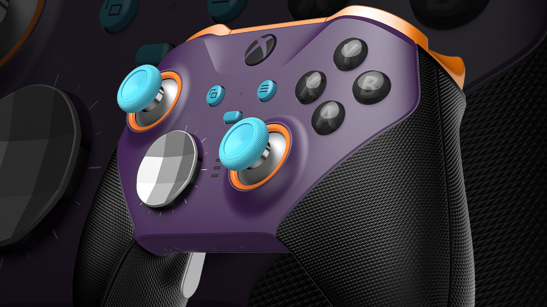 Detailed sideview of a purple and black Xbox controller.