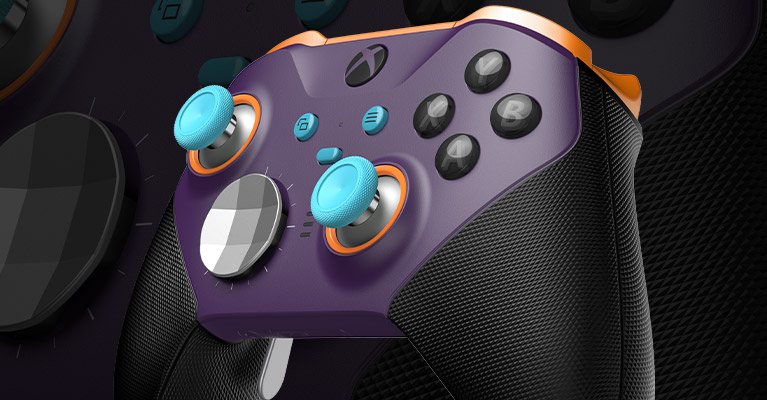 Detailed sideview of a purple and black Xbox controller.